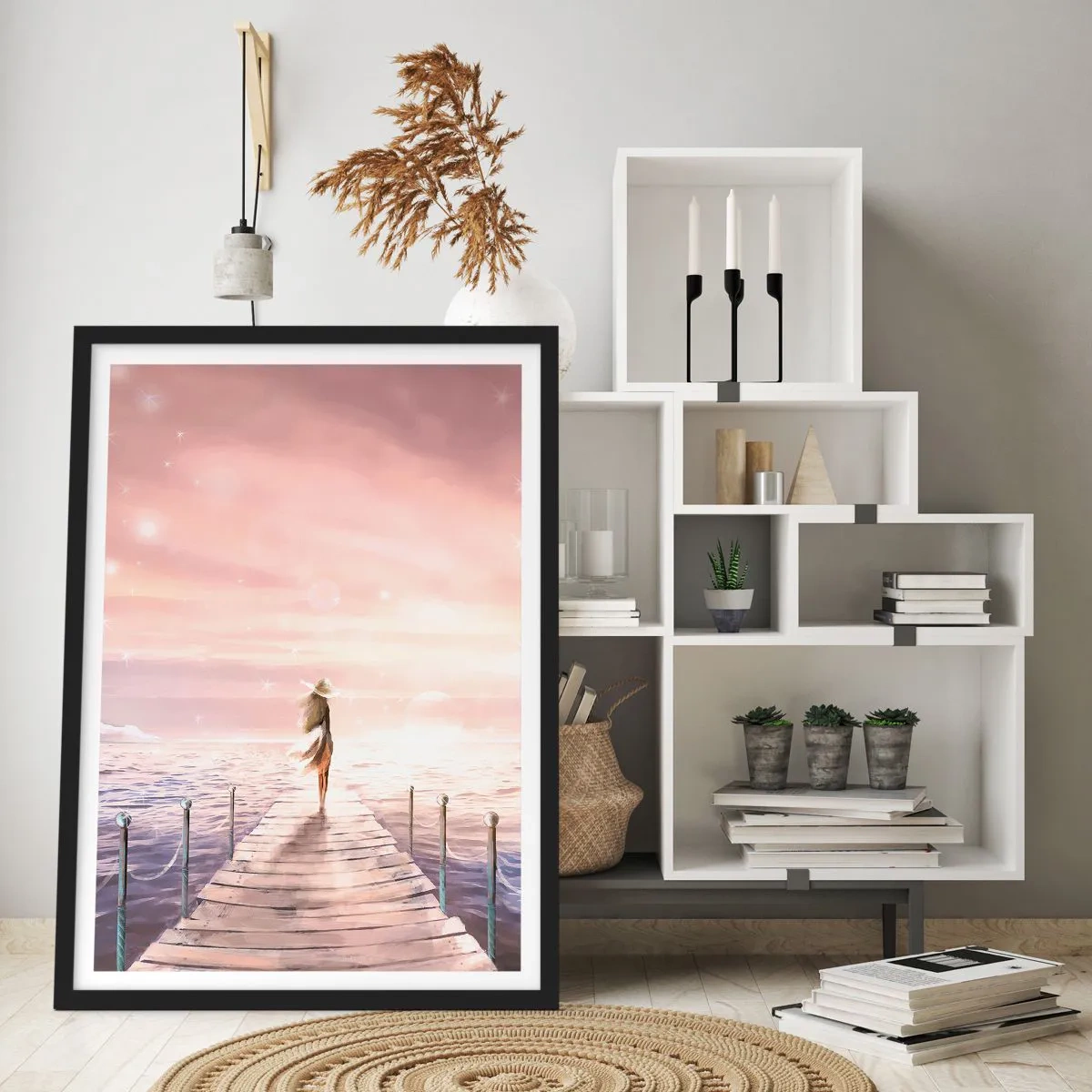 Poster in een zwarte lijst - Romantische zonsondergangpier met een vrouw in een hoed - 50x70cm - In het licht van een droom - Moderne wanddecoratie voor woonkamer en slaapkamer ARTTOR