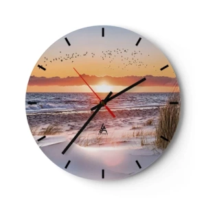 Wandklok - Klok - Zonsondergang boven de zee met vogels en zand op de voorgrond - 30x30cm - Horizontaal landschap - Moderne wanddecoratie voor woonkamer, keuken en slaapkamer ARTTOR