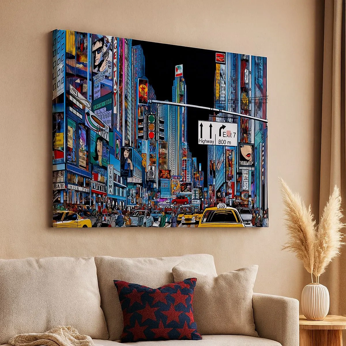 Schilderen op canvas - Een bruisende stad met kleurrijke reclameborden en gele taxi's - 70x50cm - Stripboek grote nacht - Moderne wanddecoratie voor woonkamer en slaapkamer ARTTOR