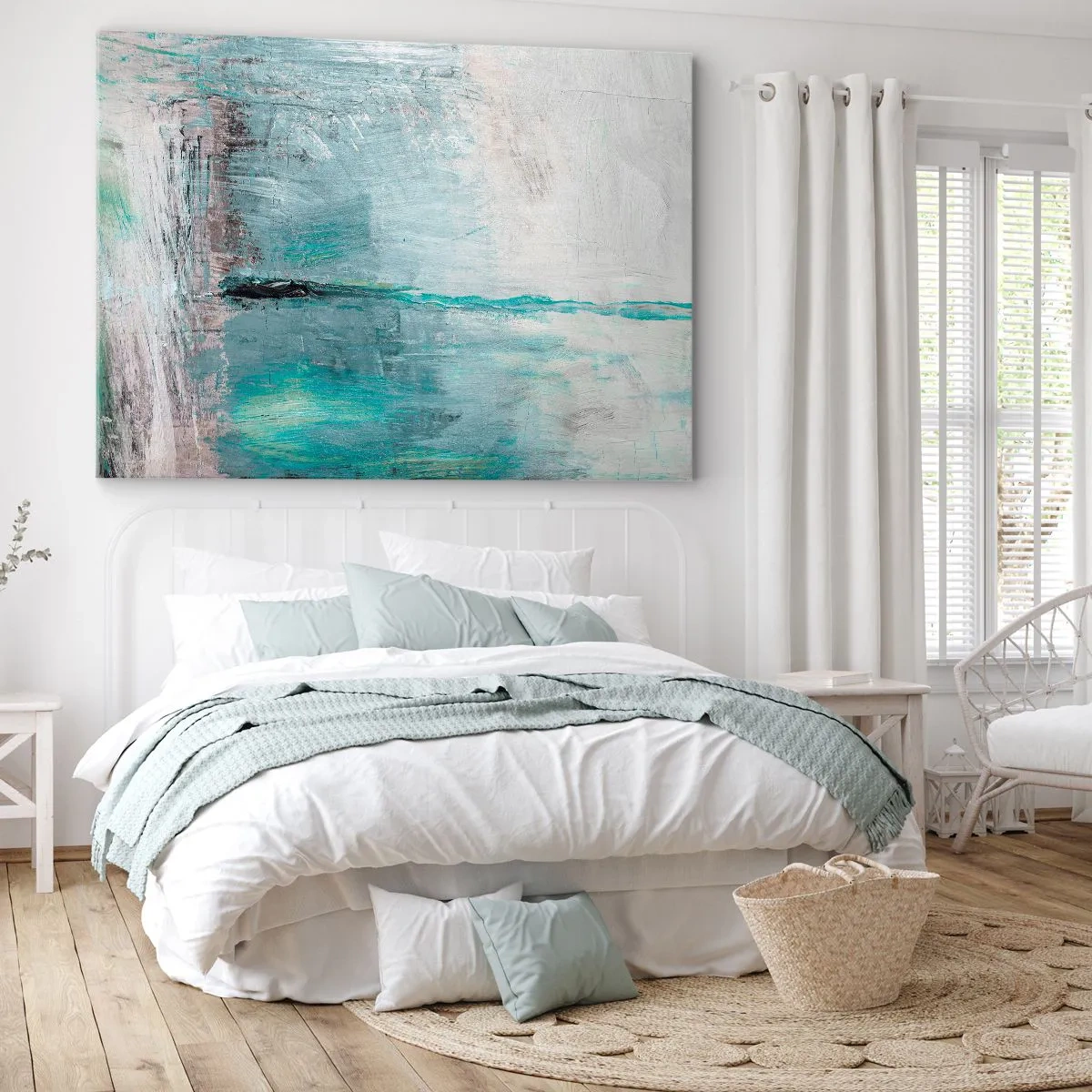 Schilderen op canvas - Abstractie in tinten turquoise en grijs - 70x50cm - Horizontaal in blauw - Moderne wanddecoratie voor woonkamer en slaapkamer ARTTOR