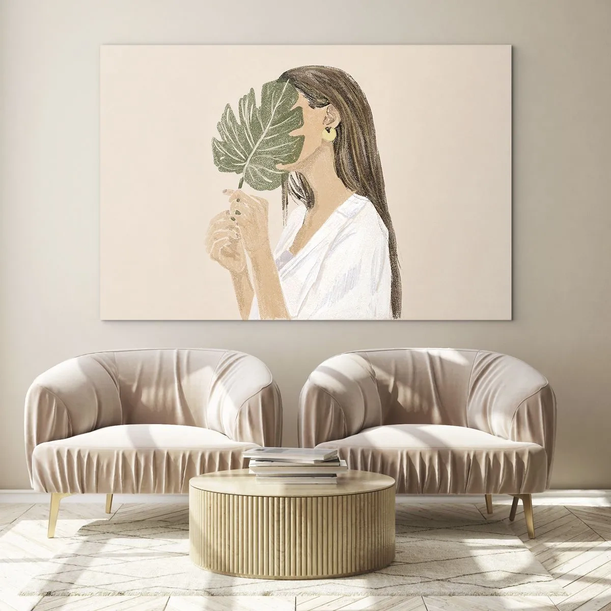 Schilderen op glas - Een vrouw met lang haar houdt een blad voor haar gezicht. - 70x50cm - Mysterieus portret met een waaier - Moderne wanddecoratie voor woonkamer en slaapkamer ARTTOR