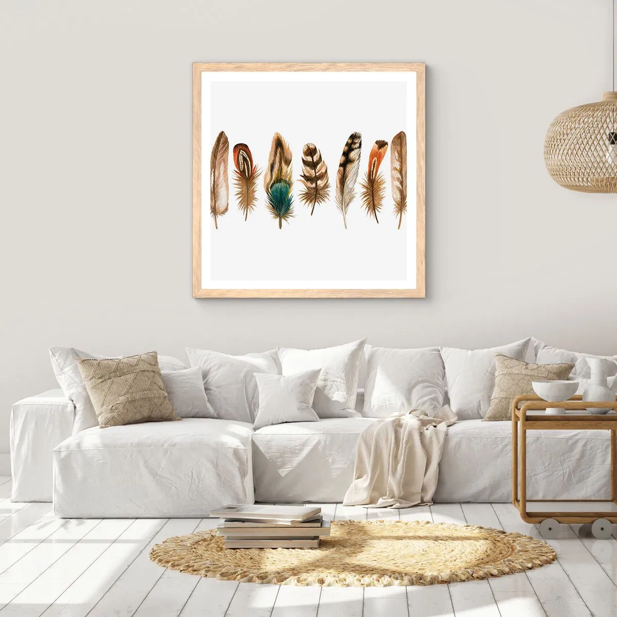 Een poster in een licht eiken lijst - Een gevederde variatie - 50x50 cm