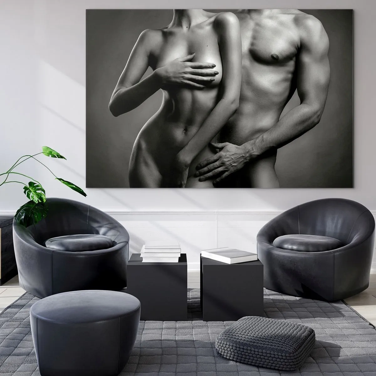 Schilderen op glas - Zwart-witcompositie met naakte silhouetten van een stel - 70x50cm - Adam en Eva - Moderne wanddecoratie voor woonkamer en slaapkamer ARTTOR