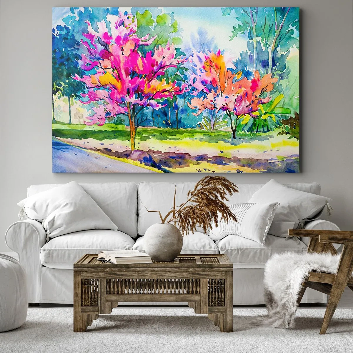 Schilderen op canvas - Kleurrijke bomen in een park in aquarelstijl - 70x50cm - Regenboogtuin in het lentelicht - Moderne wanddecoratie voor woonkamer en slaapkamer ARTTOR