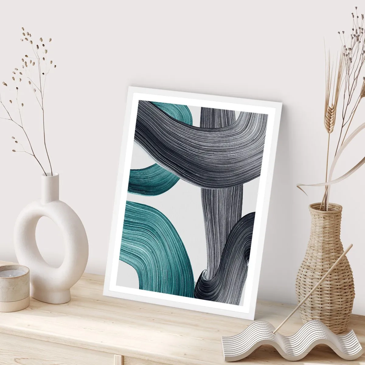 Poster in een witte lijst - Smaragdgroene en zwarte paden - 61x91 cm