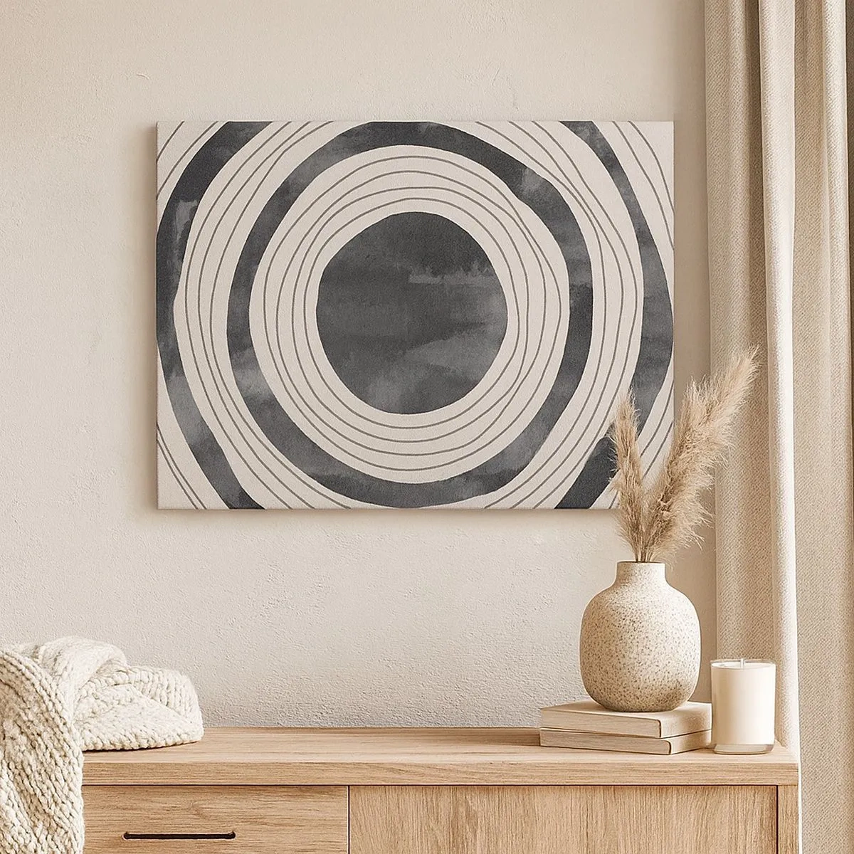 Schilderen op canvas - Zwarte en witte concentrische cirkels op een lichte achtergrond - 70x50cm - Precies op het punt - Moderne wanddecoratie voor woonkamer en slaapkamer ARTTOR