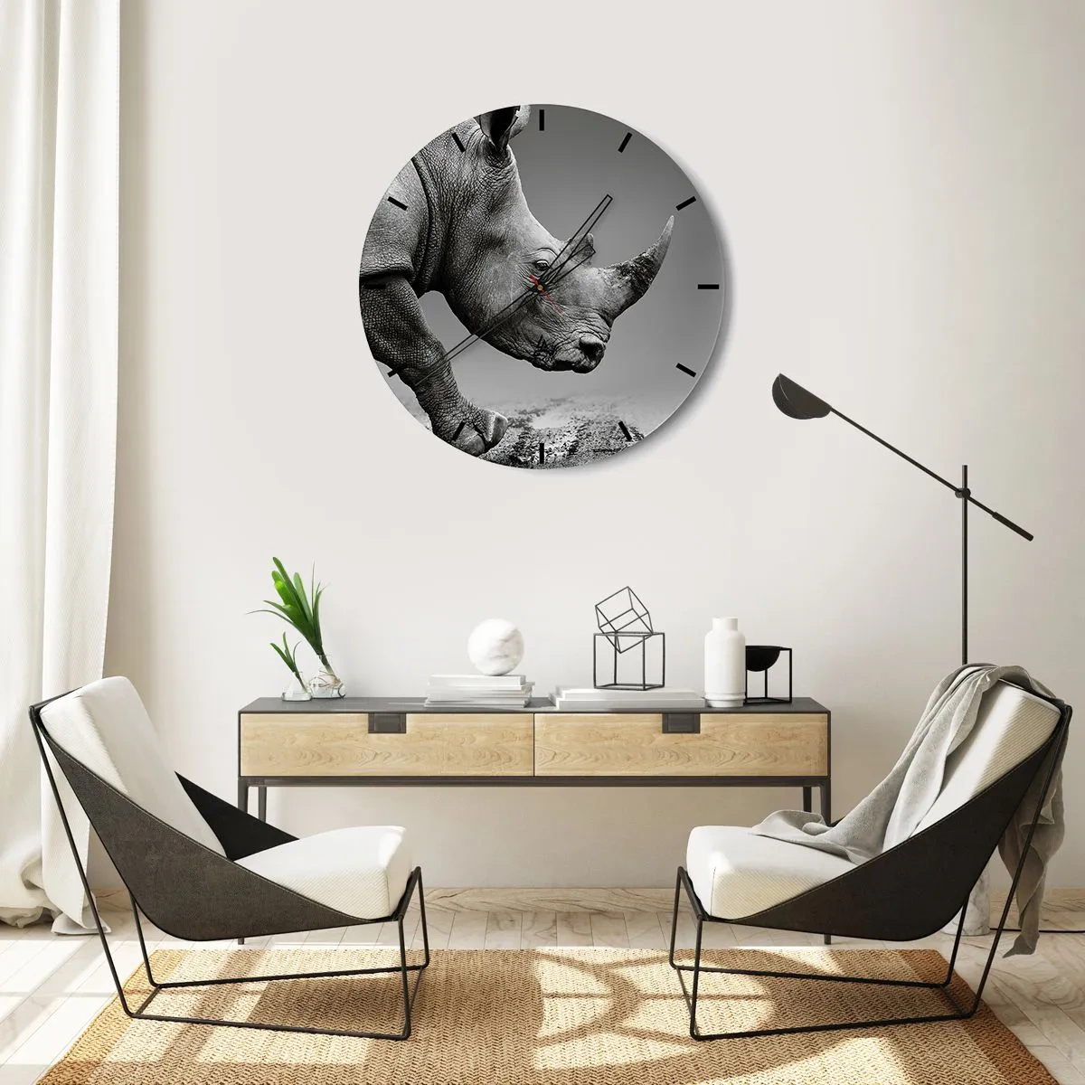Wandklok - Klok - Een neushoorn in zwart-witstijl op een neutrale achtergrond - 30x30cm - Onstuitbare kracht - Moderne wanddecoratie voor woonkamer, keuken en slaapkamer ARTTOR