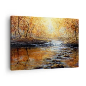 Schilderen op canvas - Herfstlandschap met een rivier tussen de bomen - 70x50cm - De gouden stroom - Moderne wanddecoratie voor woonkamer en slaapkamer ARTTOR