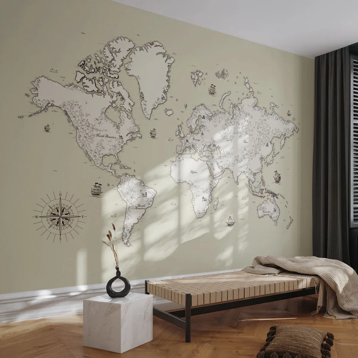 Fotobehang Premium Canvas - Reis rond de wereld - Wereldkaart, Continenten, Piratenschip - 250x175 cm