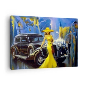Schilderen op canvas - Een vrouw in een gele jurk met een viool naast een retro-auto. - 70x50cm - Nocturne voor viool en liefde - Moderne wanddecoratie voor woonkamer en slaapkamer ARTTOR