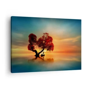 Schilderen op canvas - Een roodbladige boom en een boot op het water bij zonsondergang - 70x50cm - Afstanders en de stilte van de wereldlozen - Moderne wanddecoratie voor woonkamer en slaapkamer ARTTOR
