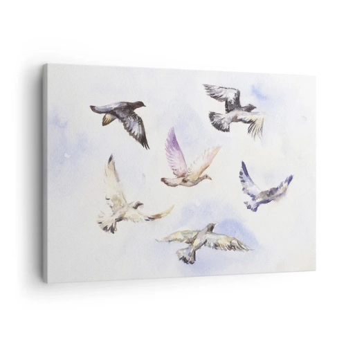 Schilderen op canvas - Aquarelvogels in vlucht tegen een delicate lucht - 70x50cm - Vrijheid in grijs en blauw - Moderne wanddecoratie voor woonkamer en slaapkamer ARTTOR
