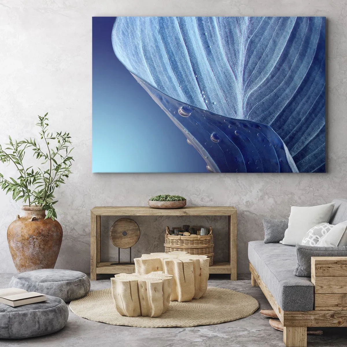 Schilderen op canvas - Een blauw blad met zichtbare waterdruppels - 70x50cm - Verborgen druppels blauw - Moderne wanddecoratie voor woonkamer en slaapkamer ARTTOR