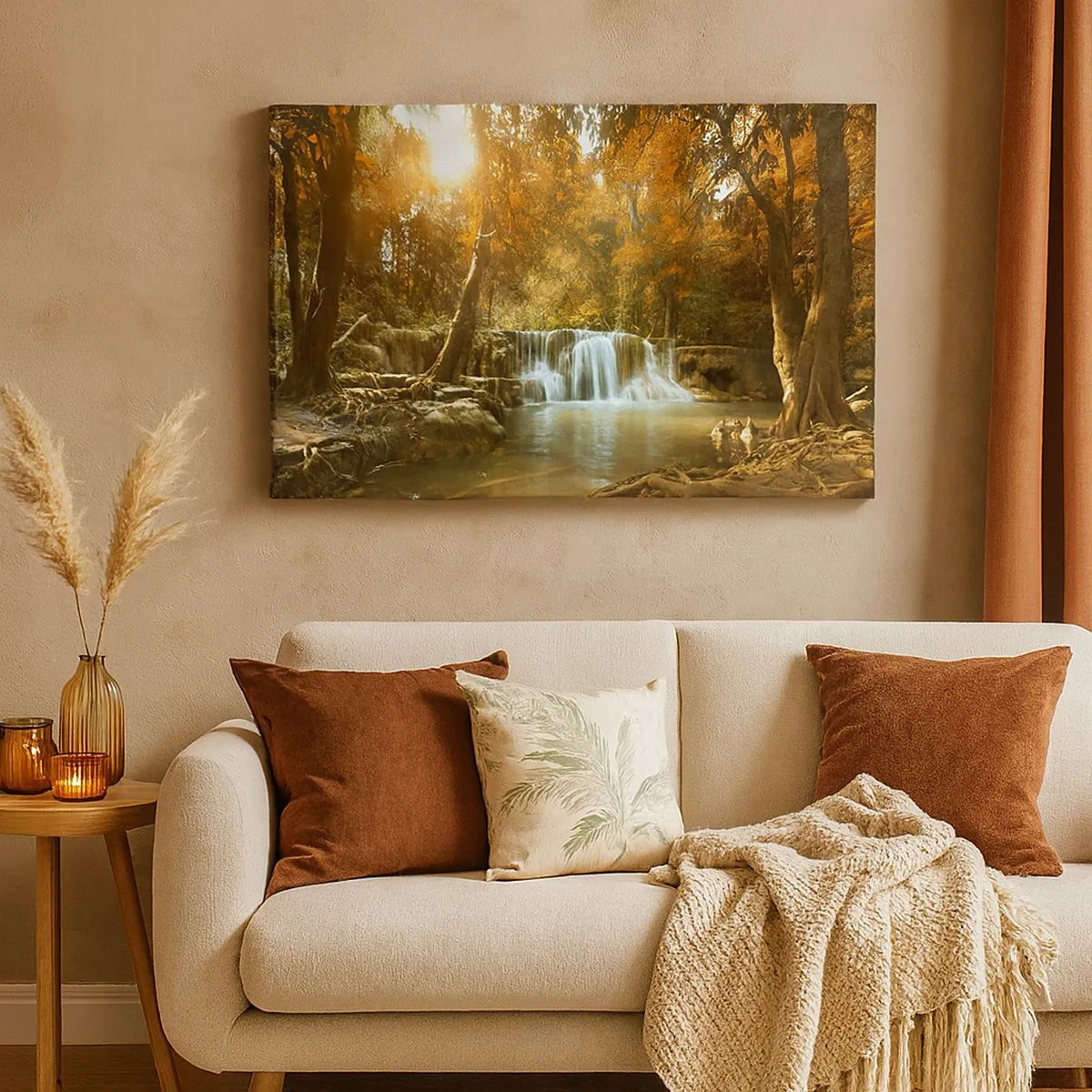 Schilderen op canvas - Herfstlandschap met een waterval - 70x50cm - Park cascade - Moderne wanddecoratie voor woonkamer en slaapkamer ARTTOR