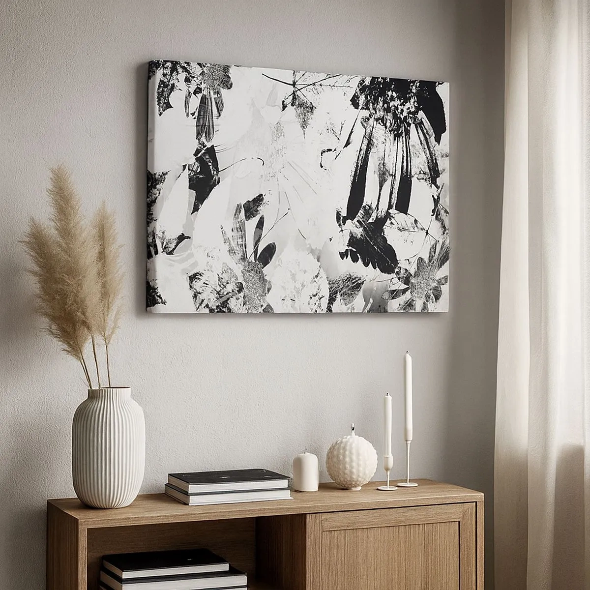 Schilderen op canvas - Zwart-witte abstracte bloemen in een minimalistische stijl - 70x50cm - Herfst in cameralens - Moderne wanddecoratie voor woonkamer en slaapkamer ARTTOR