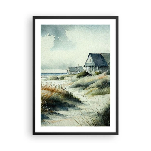 Poster in een zwarte lijst - Aquarel strandhuis met uitzicht op zee - 50x70cm - Weg van de drukte - Moderne wanddecoratie voor woonkamer en slaapkamer ARTTOR