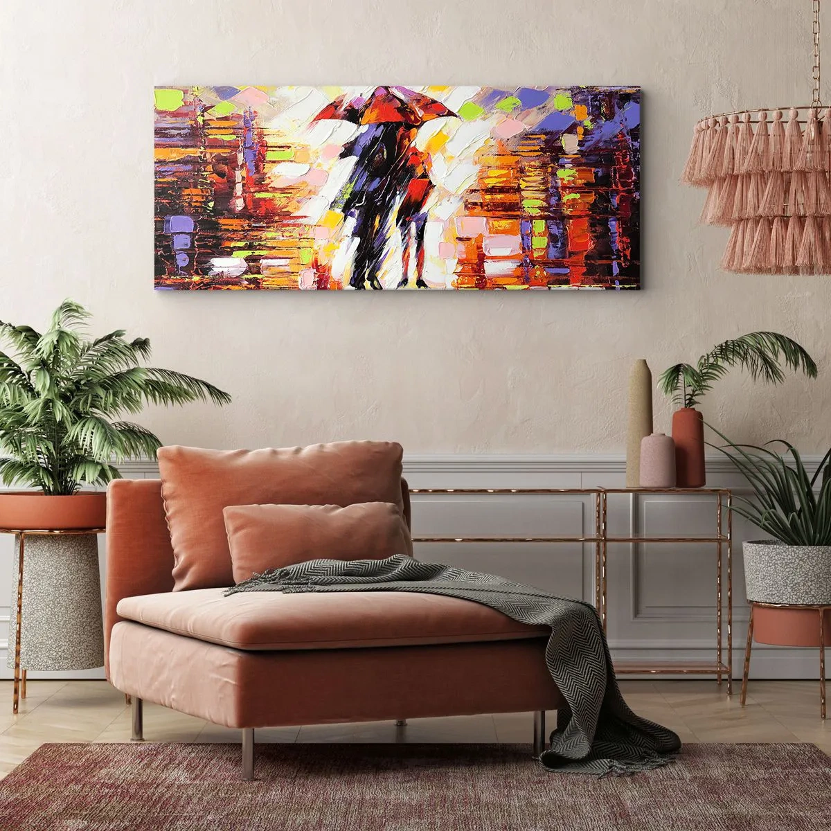 Schilderen op canvas - Samen door de nacht en regen - 140x50 cm