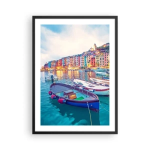 Poster in een zwarte lijst - Kleurrijke huizen en boten in een zeeomgeving - 50x70cm - Kleurrijke avond in de haven - Moderne wanddecoratie voor woonkamer en slaapkamer ARTTOR