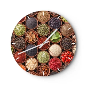 Wandklok - Klok - Een wijzerplaat met een kleurrijk motief van kruiden en specerijen in houten kommen. - 30x30cm - Alle smaken van de wereld - Moderne wanddecoratie voor woonkamer, keuken en slaapkamer ARTTOR