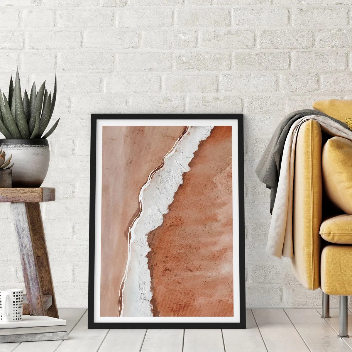 Poster in een zwarte lijst - Abstracte textuur in tinten bruin en wit - 50x70cm - In aardetinten - Moderne wanddecoratie voor woonkamer en slaapkamer ARTTOR