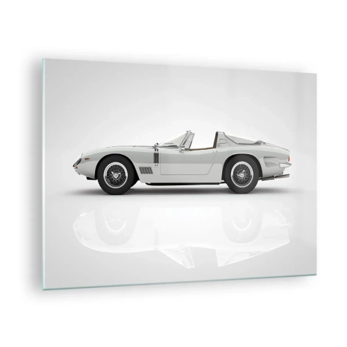 Schilderen op glas - Een klassieke witte cabriolet tegen een minimalistische achtergrond met reflecties. - 70x50cm - Belofte van plezier - Moderne wanddecoratie voor woonkamer en slaapkamer ARTTOR