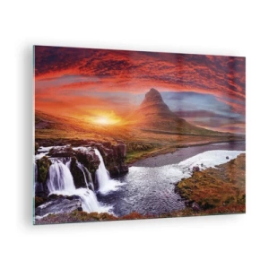 Schilderen op glas - Berglandschap met waterval en zonsondergang - 70x50cm - Een zicht op Midden-aarde - Moderne wanddecoratie voor woonkamer en slaapkamer ARTTOR