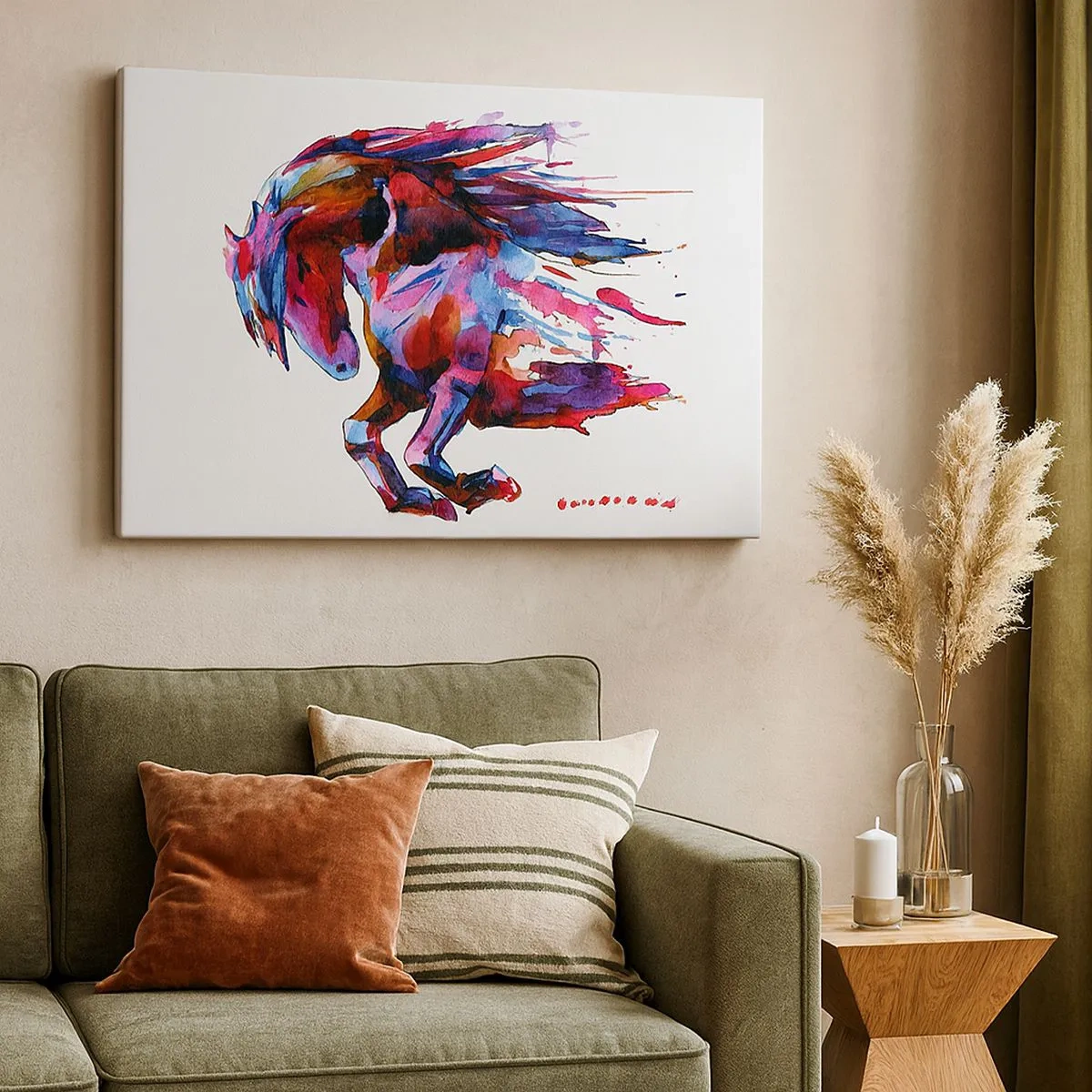 Schilderen op canvas - Een paard in dynamische abstracte kleuren symboliseert vrijheid - 70x50cm - In vervoering - Moderne wanddecoratie voor woonkamer en slaapkamer ARTTOR