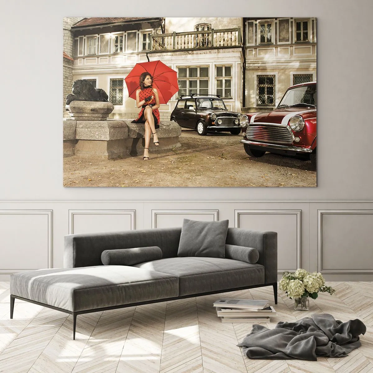 Schilderen op glas - Vrouw met rode paraplu en klassieke auto's - 70x50cm - Een sentimentele mini-reis - Moderne wanddecoratie voor woonkamer en slaapkamer ARTTOR