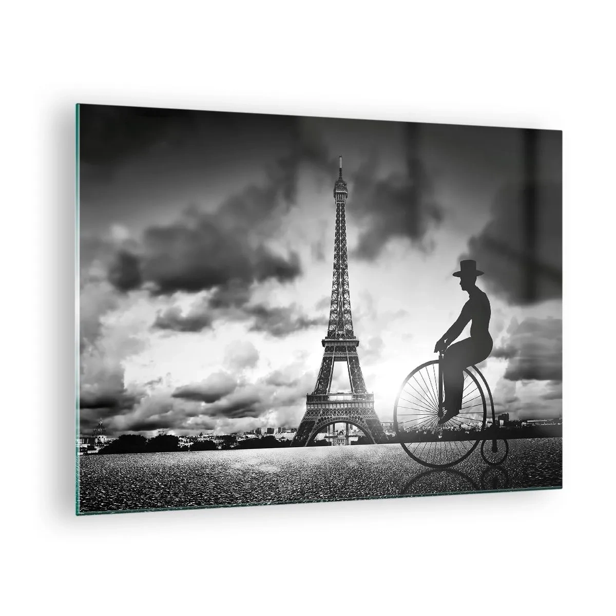Schilderen op glas - Eiffeltoren met retrofiets in zwart-wit - 70x50cm - Verlangen naar Belle Epoque - Moderne wanddecoratie voor woonkamer en slaapkamer ARTTOR