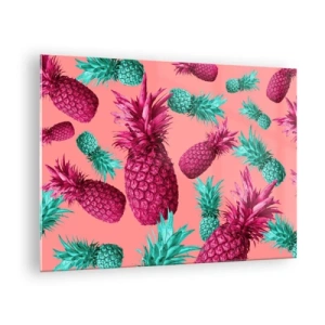 Schilderen op glas - Kleurrijke ananassen in tinten roze en groen op een roze achtergrond - 70x50cm - Vrijheid is zoet - Moderne wanddecoratie voor woonkamer en slaapkamer ARTTOR