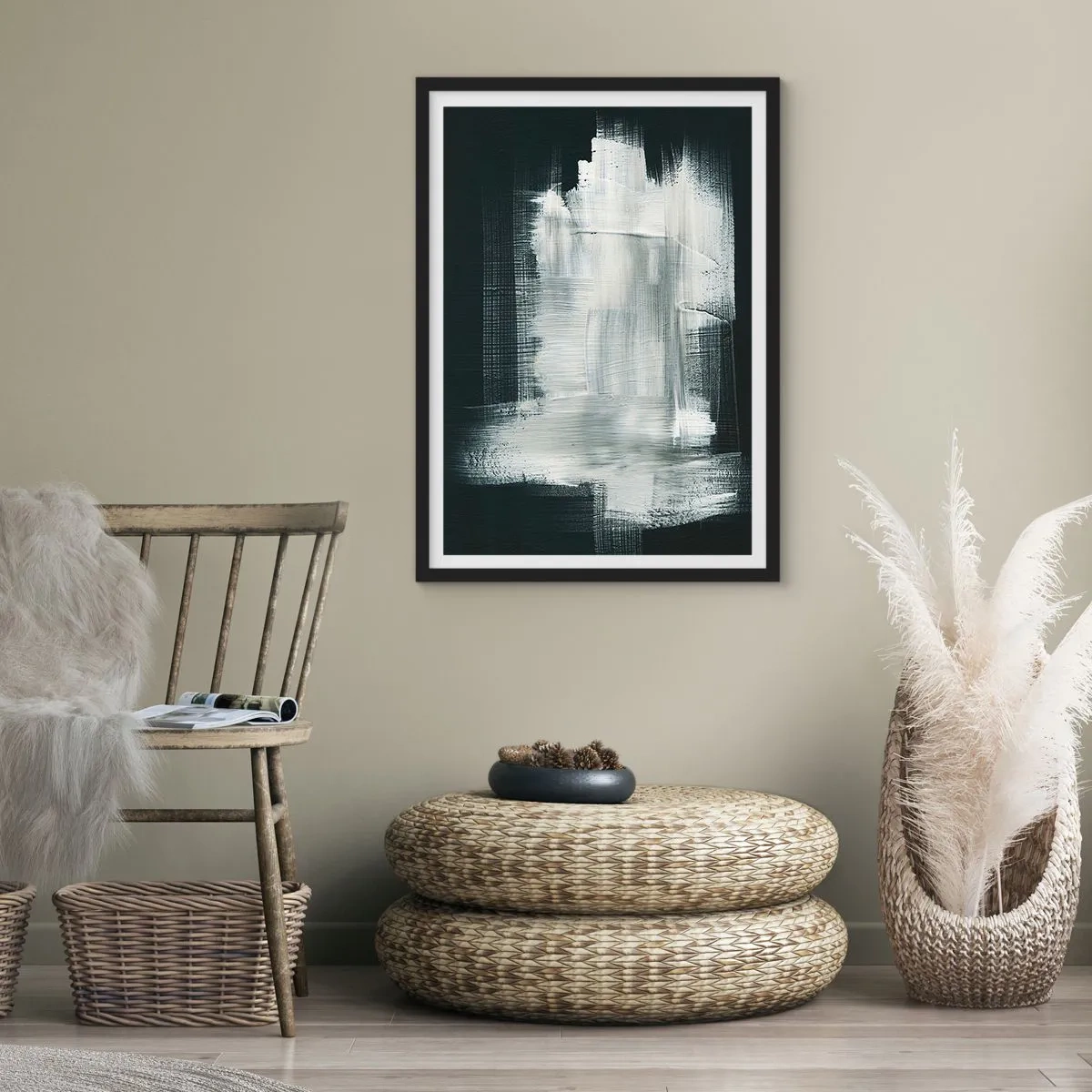 Poster in een zwarte lijst - Abstracte compositie in wit op een donkere achtergrond - 50x70cm - Geweven van verticaal en horizontaal - Moderne wanddecoratie voor woonkamer en slaapkamer ARTTOR