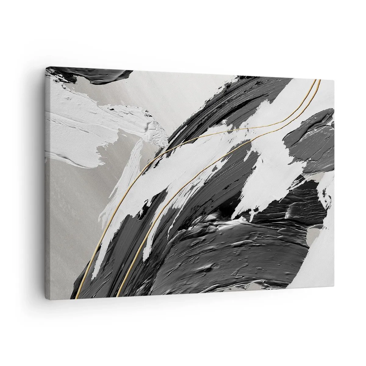 Schilderen op canvas - Zwart-witte verfstreken met een subtiel goudaccent - 70x50cm - Abstractie op grote schaal - Moderne wanddecoratie voor woonkamer en slaapkamer ARTTOR