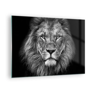 Schilderen op glas - Portret van een leeuw in zwart-wit met een majestueuze manen - 70x50cm - In een kroningskleed - Moderne wanddecoratie voor woonkamer en slaapkamer ARTTOR
