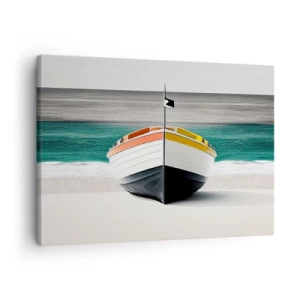 Schilderen op canvas - Een boot op het strand met een turquoise zee op de achtergrond - 70x50cm - Op zijn plaats - Moderne wanddecoratie voor woonkamer en slaapkamer ARTTOR