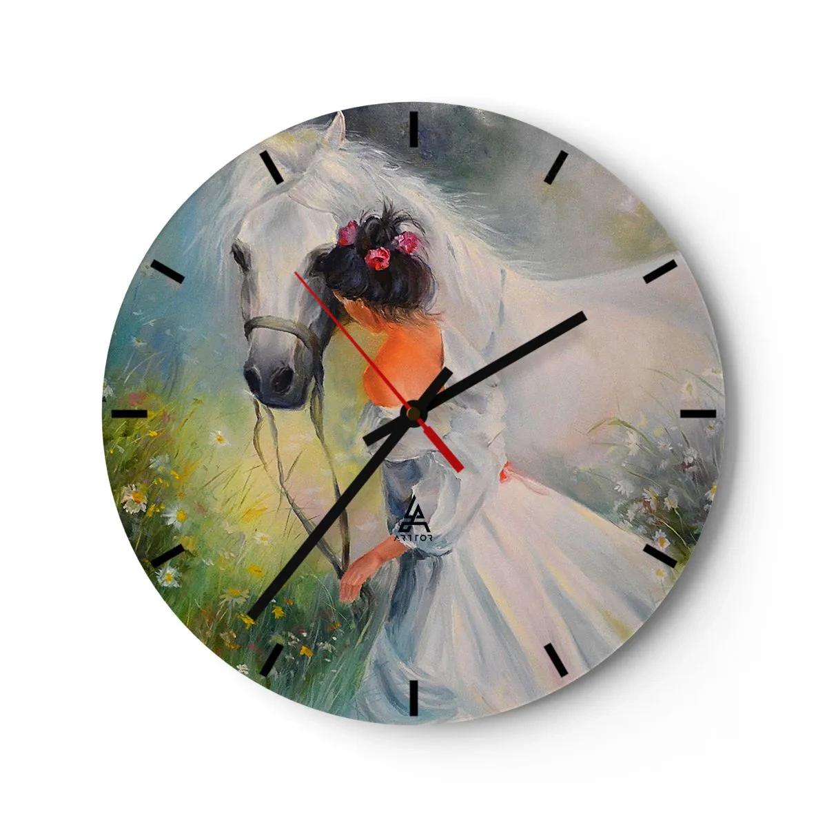 Wandklok - Klok - Een vrouw in een witte jurk met een wit paard in een weide - 30x30cm - Als uit een mooie droom - Moderne wanddecoratie voor woonkamer, keuken en slaapkamer ARTTOR
