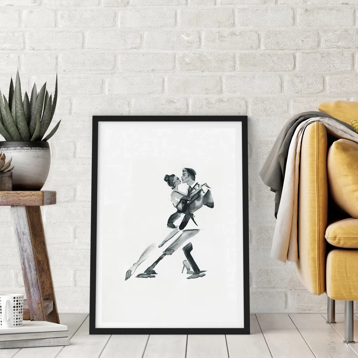 Poster in een zwarte lijst - Zwart-wit aquarelschilderij van een dansend paar - 50x70cm - In één slag - Moderne wanddecoratie voor woonkamer en slaapkamer ARTTOR