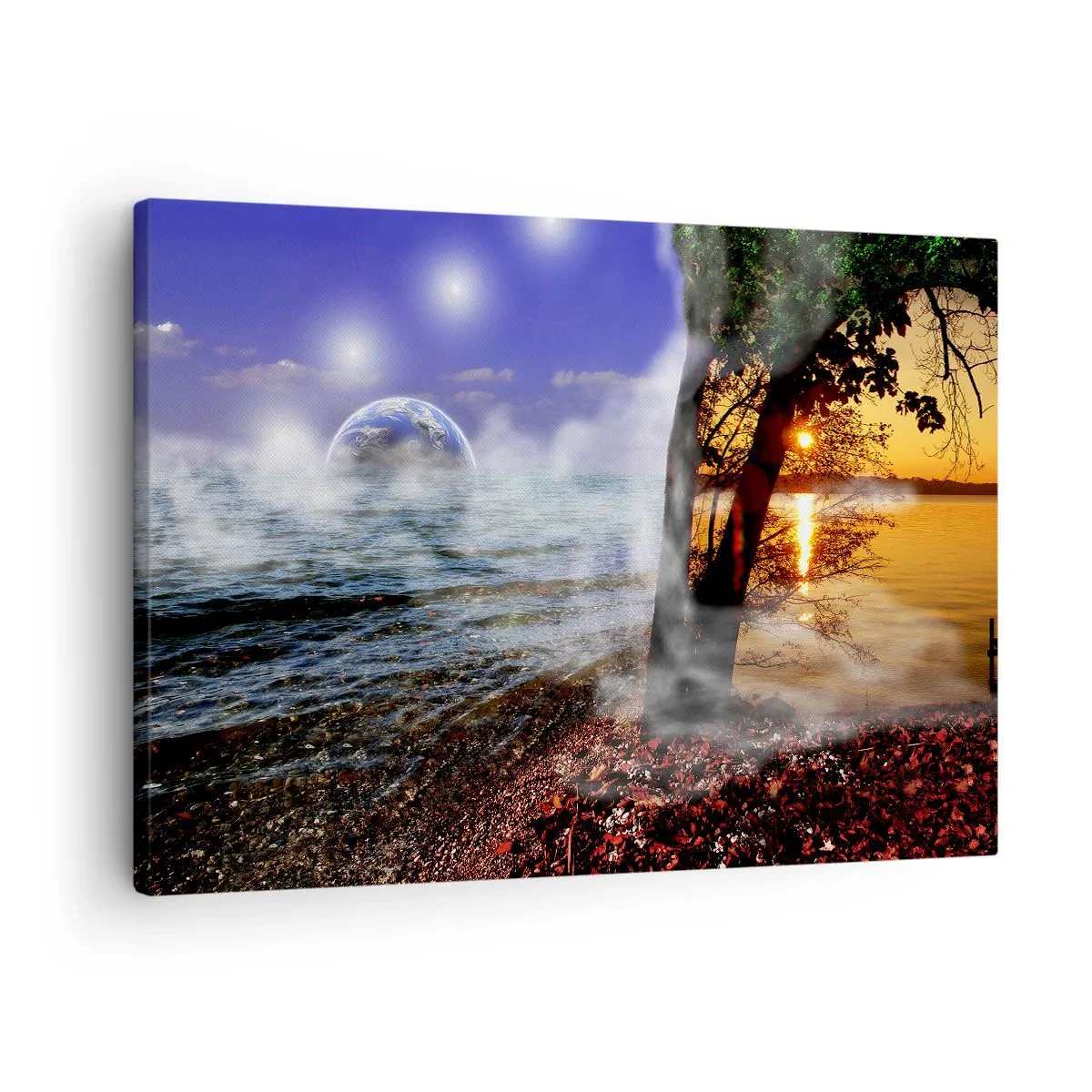 Schilderen op canvas - Fantastisch landschap met zee, boom en zonsondergang. - 70x50cm - Surrealistisch landschap - eenheid van de natuur - Moderne wanddecoratie voor woonkamer en slaapkamer ARTTOR