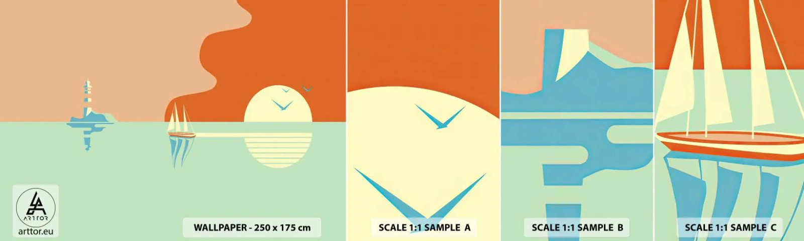 Fotobehang Monster Zelfklevend Deluxe Sticker - Het perfecte zeelandschap - Abstractie, Zeilschip, Lantaarn - 100x30 cm