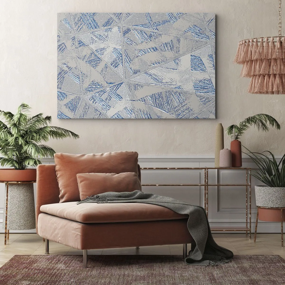 Schilderen op canvas - Geometrische patronen in tinten blauw en grijs - 70x50cm - In een blauwgrijs labyrint - Moderne wanddecoratie voor woonkamer en slaapkamer ARTTOR