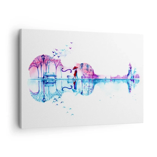 Schilderen op canvas - Vioolvormig stadssilhouet in aquarelkleuren - 70x50cm - Ik zal je wat regencantussen brengen - Moderne wanddecoratie voor woonkamer en slaapkamer ARTTOR