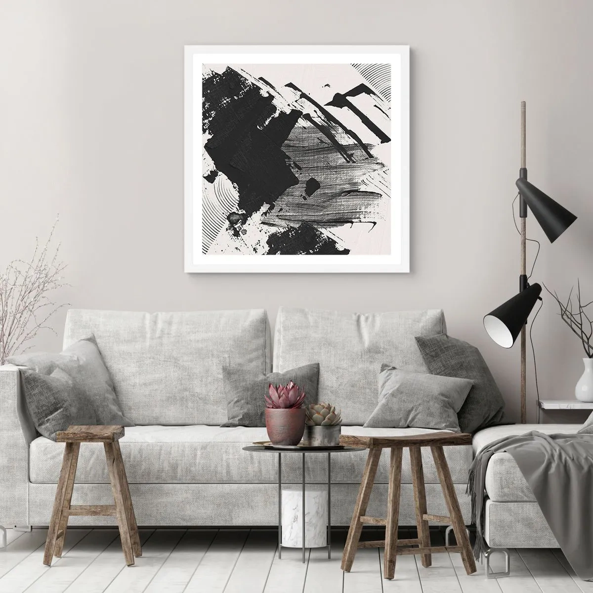 Poster in een witte lijst - Abstractie – expressie van zwart - 30x30 cm