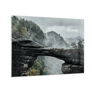 Schilderen op glas - Een stenen brug tussen mistige bergen en een boslandschap - 70x50cm - Het avontuur gaat beginnen - Moderne wanddecoratie voor woonkamer en slaapkamer ARTTOR