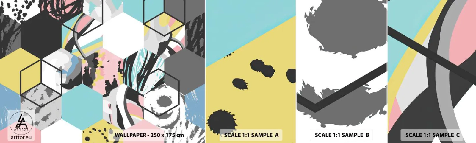 Fotobehang Monster Zelfklevend Deluxe Sticker - Zeshoeken en kubussen in zes kleuren - Abstractie, Deel, Modern patroon - 100x30 cm