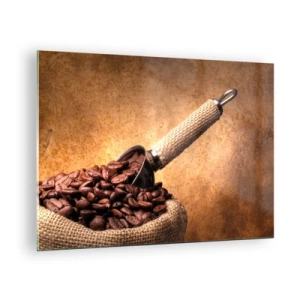 Schilderen op glas - Koffiebonen in een jute zak met een metalen schep - 70x50cm - Aan de bron van de smaak - Moderne wanddecoratie voor woonkamer en slaapkamer ARTTOR