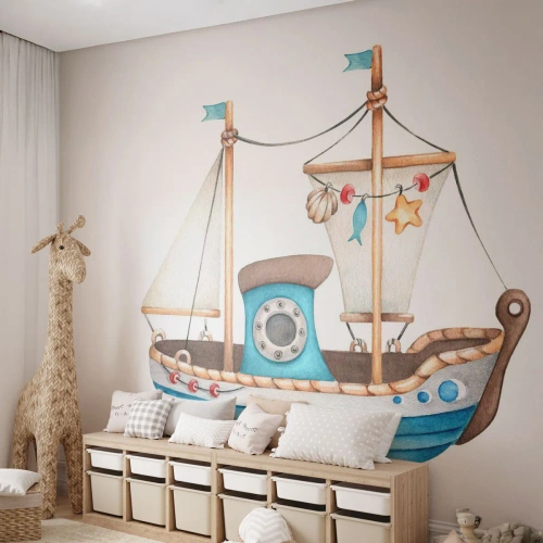 Fotobehang Premium Sand - Ahoi, avontuur! - Schip, Kinderen, Nautisch - 100x70 cm