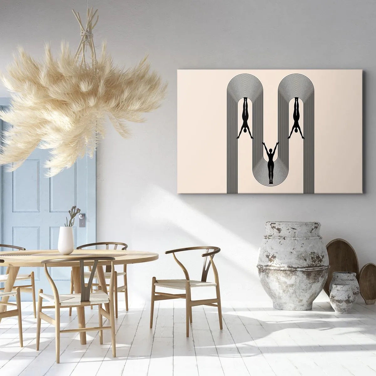 Schilderen op canvas - Geometrische silhouetten op een beige achtergrond - 70x50cm - Op zijn kop - Moderne wanddecoratie voor woonkamer en slaapkamer ARTTOR