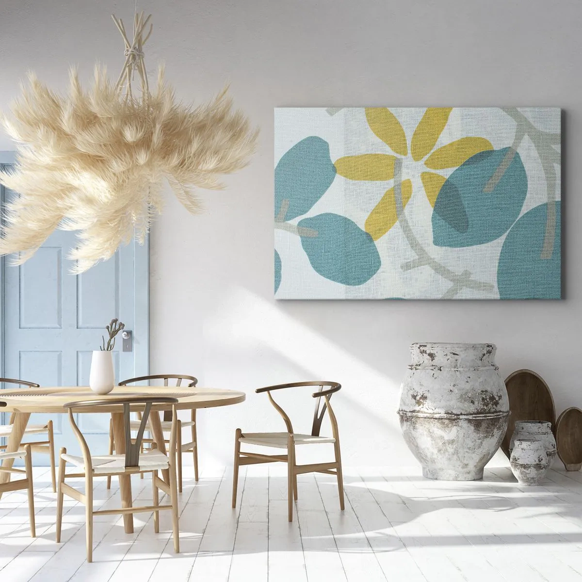 Schilderen op canvas - Bladeren in tinten turquoise en geel op een lichte achtergrond - 70x50cm - Tussen de azuurblauwe bladeren - Moderne wanddecoratie voor woonkamer en slaapkamer ARTTOR