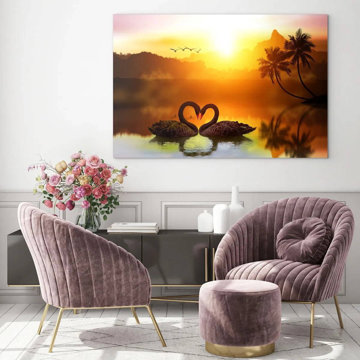 Schilderen op glas - Zwarte zwanen op het meer bij zonsondergang - 70x50cm - Alles gaat samen - Moderne wanddecoratie voor woonkamer en slaapkamer ARTTOR