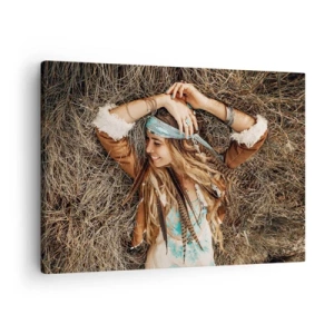 Schilderen op canvas - Vrouw in boho-stijl liggend op hooi - 70x50cm - Op weg naar de zomer van de liefde - Moderne wanddecoratie voor woonkamer en slaapkamer ARTTOR