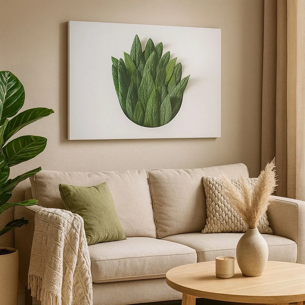 Schilderen op canvas - Een compositie van groene bladeren op een lichte achtergrond - 70x50cm - Ongebreidelde nieuwsgierigheid - Moderne wanddecoratie voor woonkamer en slaapkamer ARTTOR